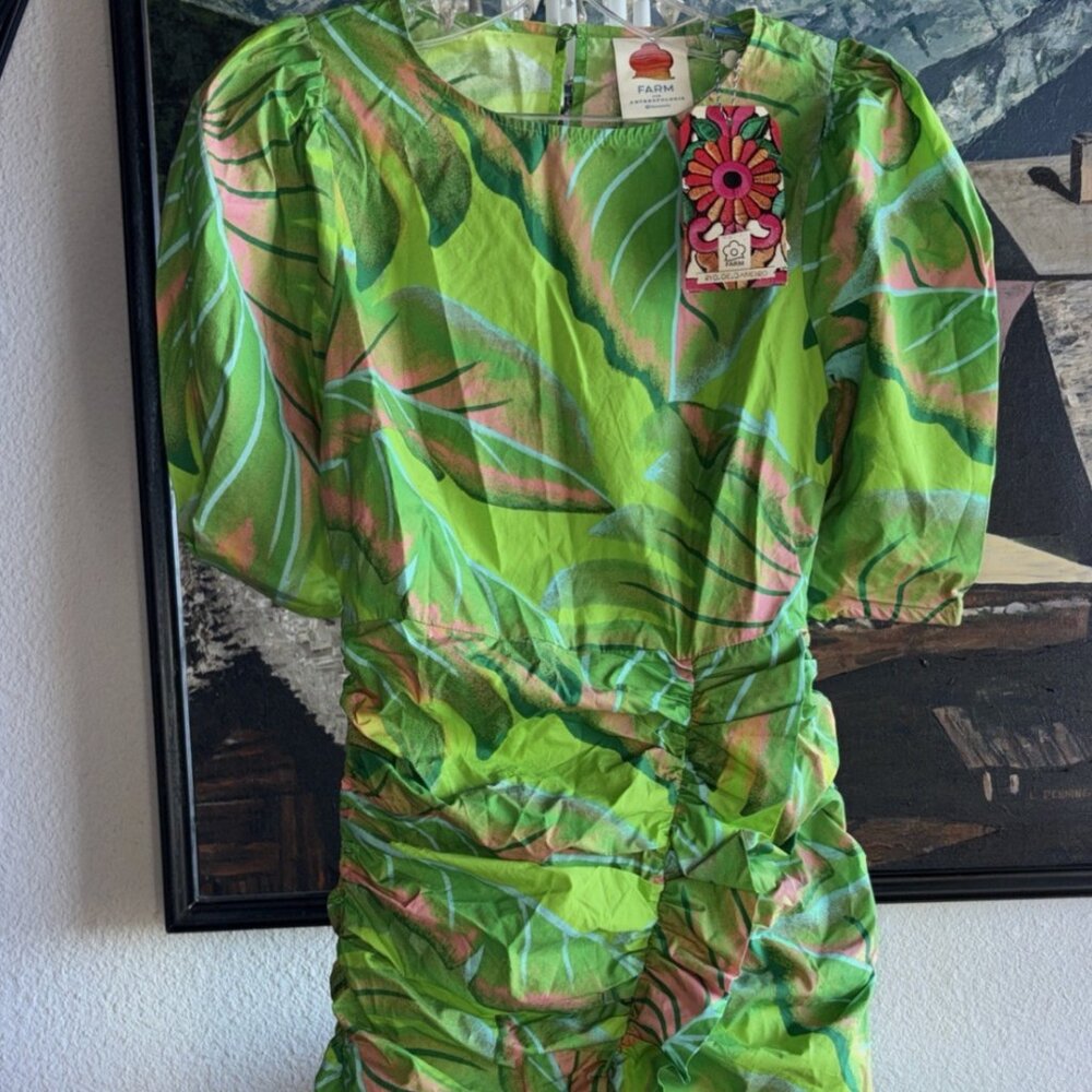 FARM Rio Tropical Leaf Print Ruffle Mini Dress Medium Short Sleeve - Picture 3 of 6